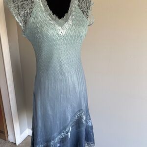 Elegant Lace-Trimmed Blue Dress. KOMAROV. Size Small. Perfect condition